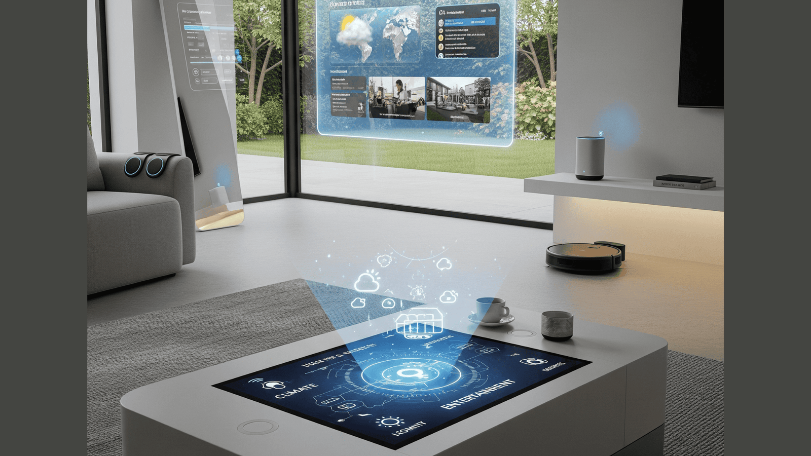 A modern living room with a smart coffee table projecting a holographic interface, a transparent window display, a smart mirror, a robot vacuum, and a smart speaker, illustrating a futuristic smart home.