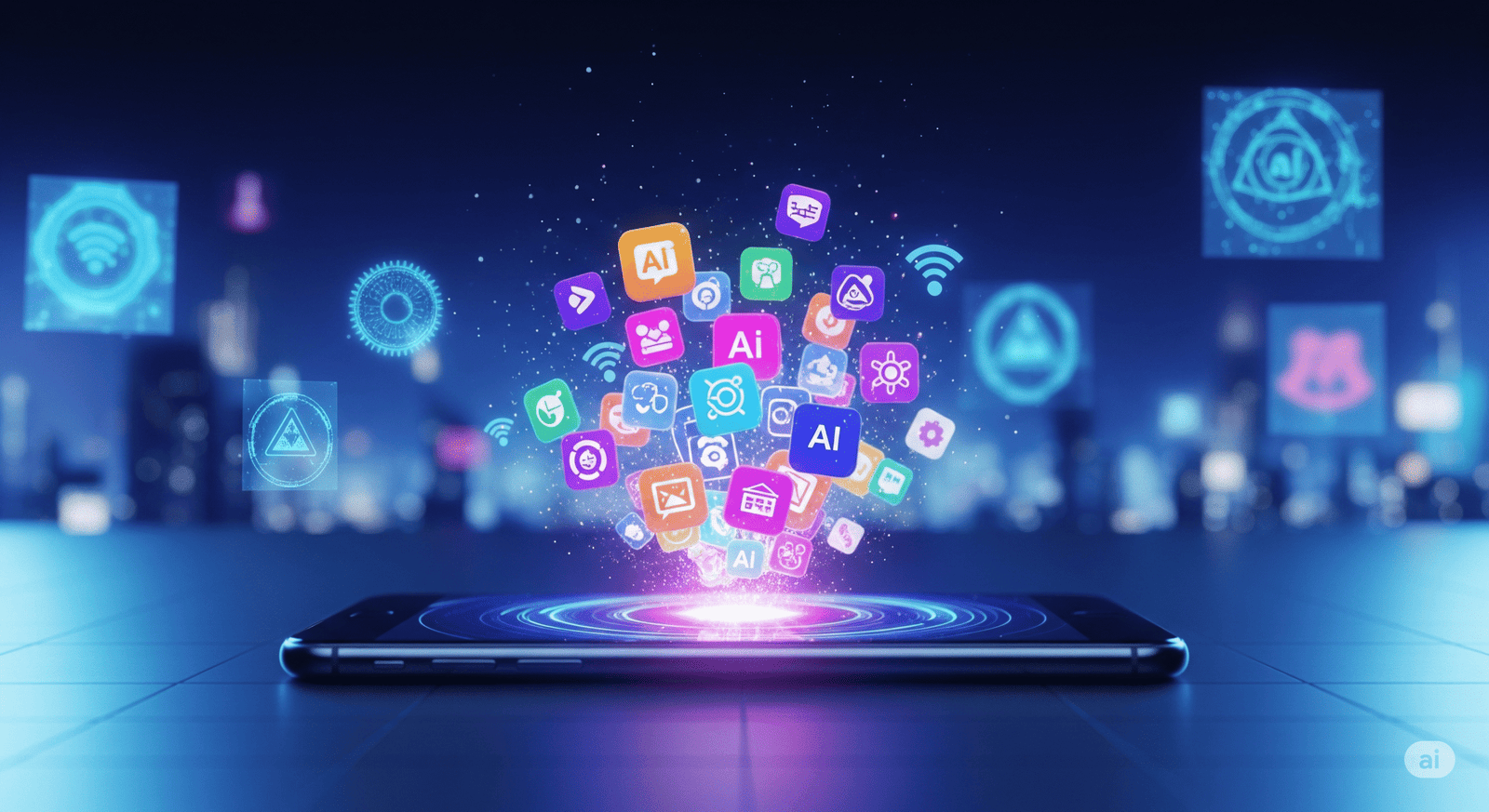 A smartphone lying horizontally on a glowing surface, with numerous colorful AI application icons bursting dynamically from its screen against a futuristic, blurred city background.