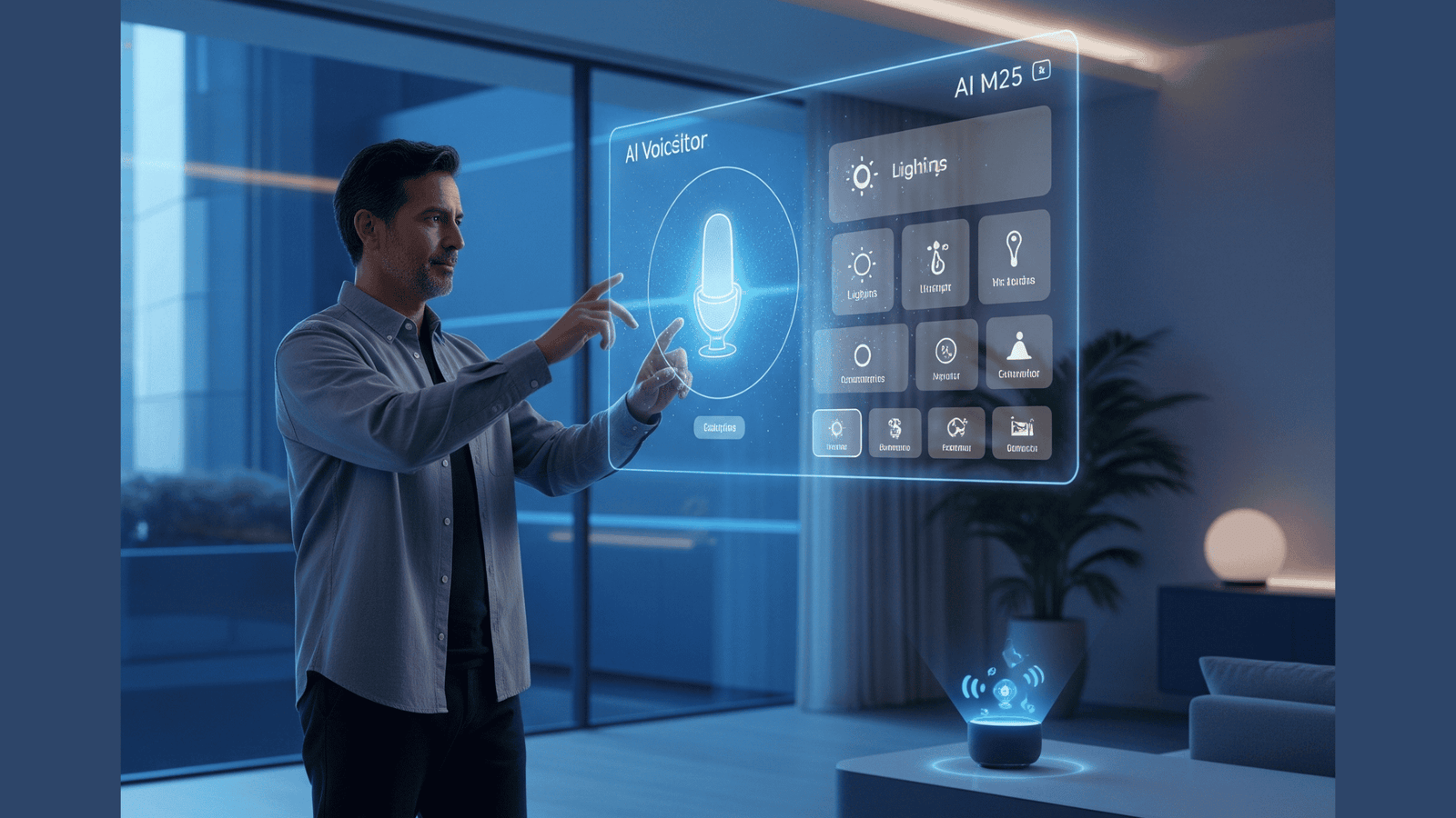 A man interacts with a large holographic interface in a modern smart home, controlling lights and other features via voice and touch, with a smart speaker nearby.