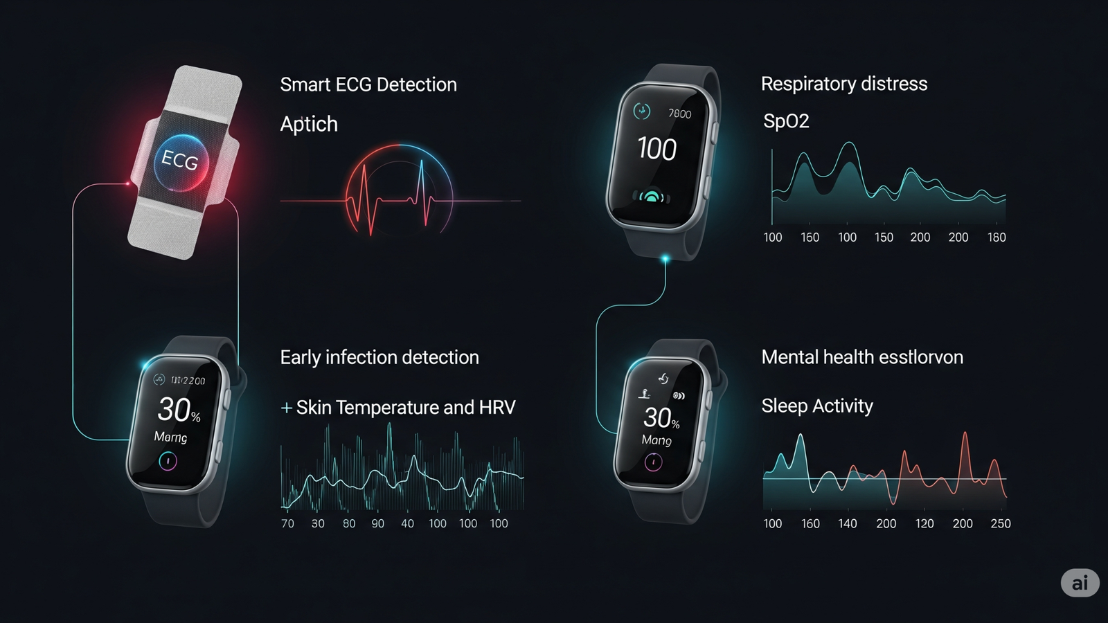 Four different wearable health monitoring devices, each displaying specific health data related to cardiac arrhythmia, respiratory distress, infection, and mental health, against a dark high-tech background.