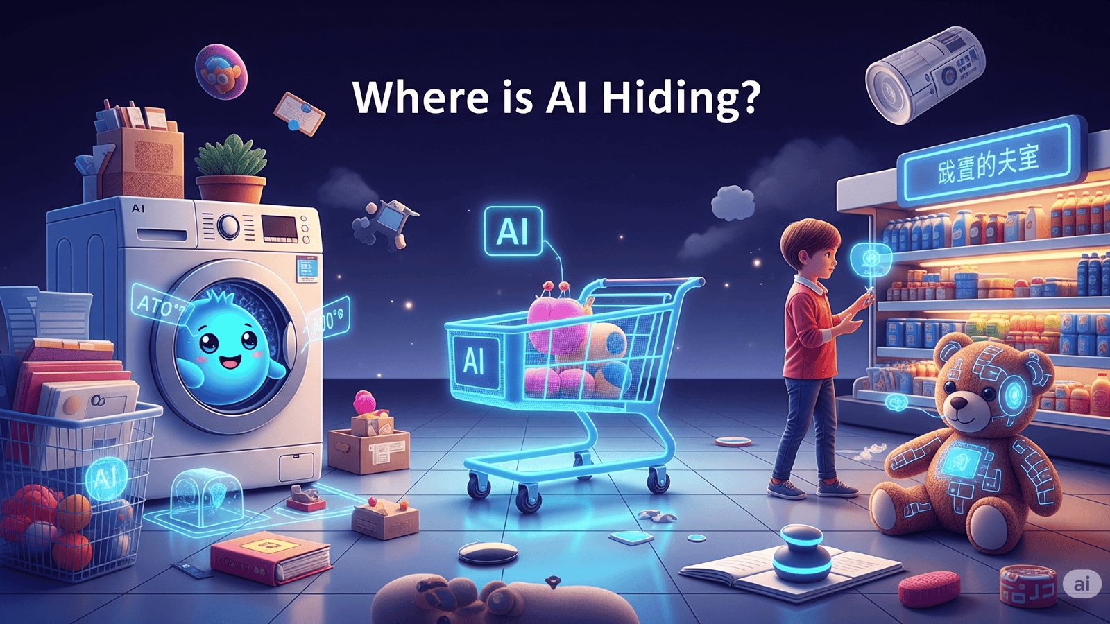 Conceptual digital art titled "Where is AI Hiding?" showing a surreal scene with a friendly AI in a washing machine, an AI-powered shopping cart, and a teddy bear with hidden sensors, all integrating AI into everyday objects.