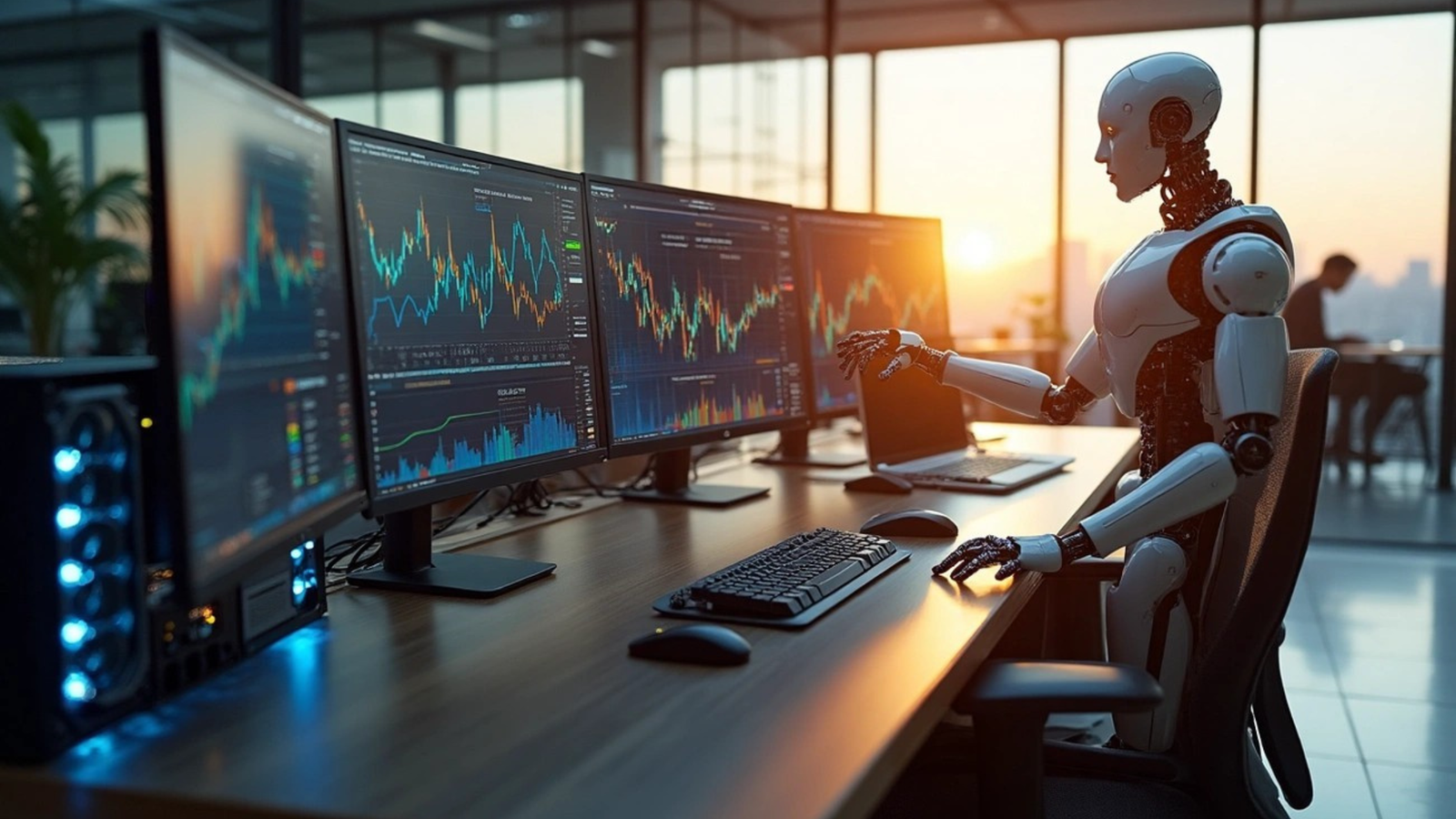 A humanoid robot sits at a desk in a modern office, analyzing stock market data on multiple computer screens with charts and graphs.