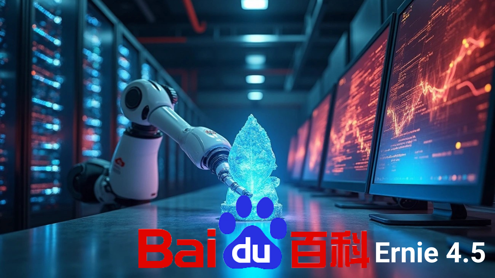 A robotic arm reaching towards a glowing blue crystalline structure with a paw print logo on a server rack floor, with several monitors displaying data in the background and "Baidu Ernie 4.5" text in the foreground.