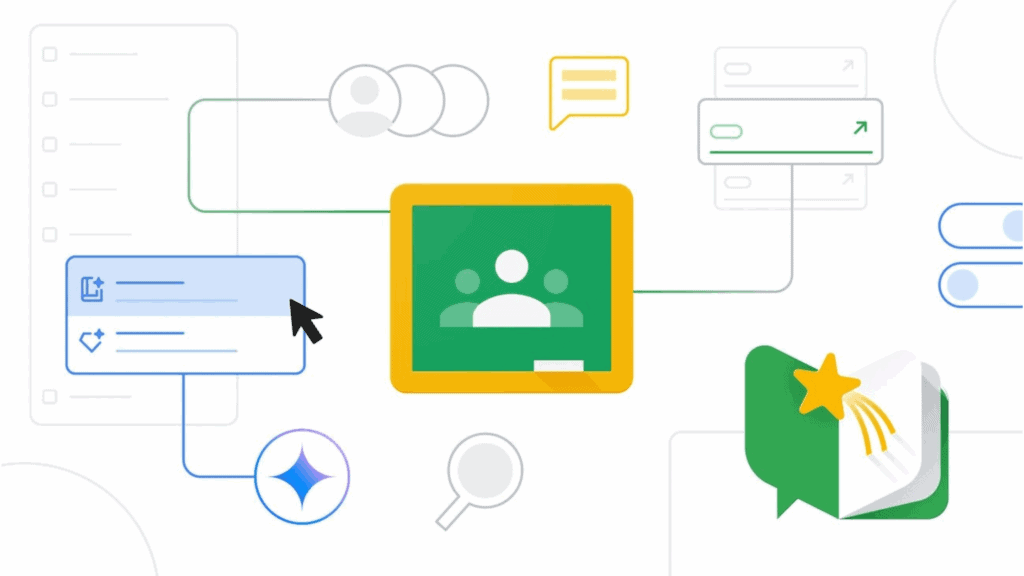 An illustration depicting various interconnected digital elements, including a central green chalkboard icon with user profiles, a messaging bubble, document outlines, and a star icon on a green speech bubble. Blue lines connect these elements, suggesting a flow or system. A cursor is selecting an option within a blue menu box.