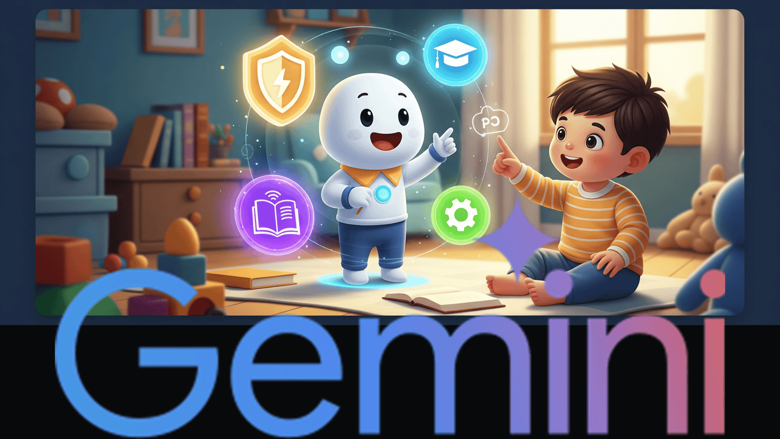 A vibrant, cartoon-style illustration showing a young child sitting on the floor, pointing and interacting with a friendly, glowing white robot character. Around the robot are floating circular icons representing safety (a shield), education (a graduation cap and an open book), and smart controls (a gear). The scene is set in a colorful child's room with bookshelves, toys, and natural light from a window. The word "Gemini" is prominently displayed in large blue letters at the bottom of the image.
