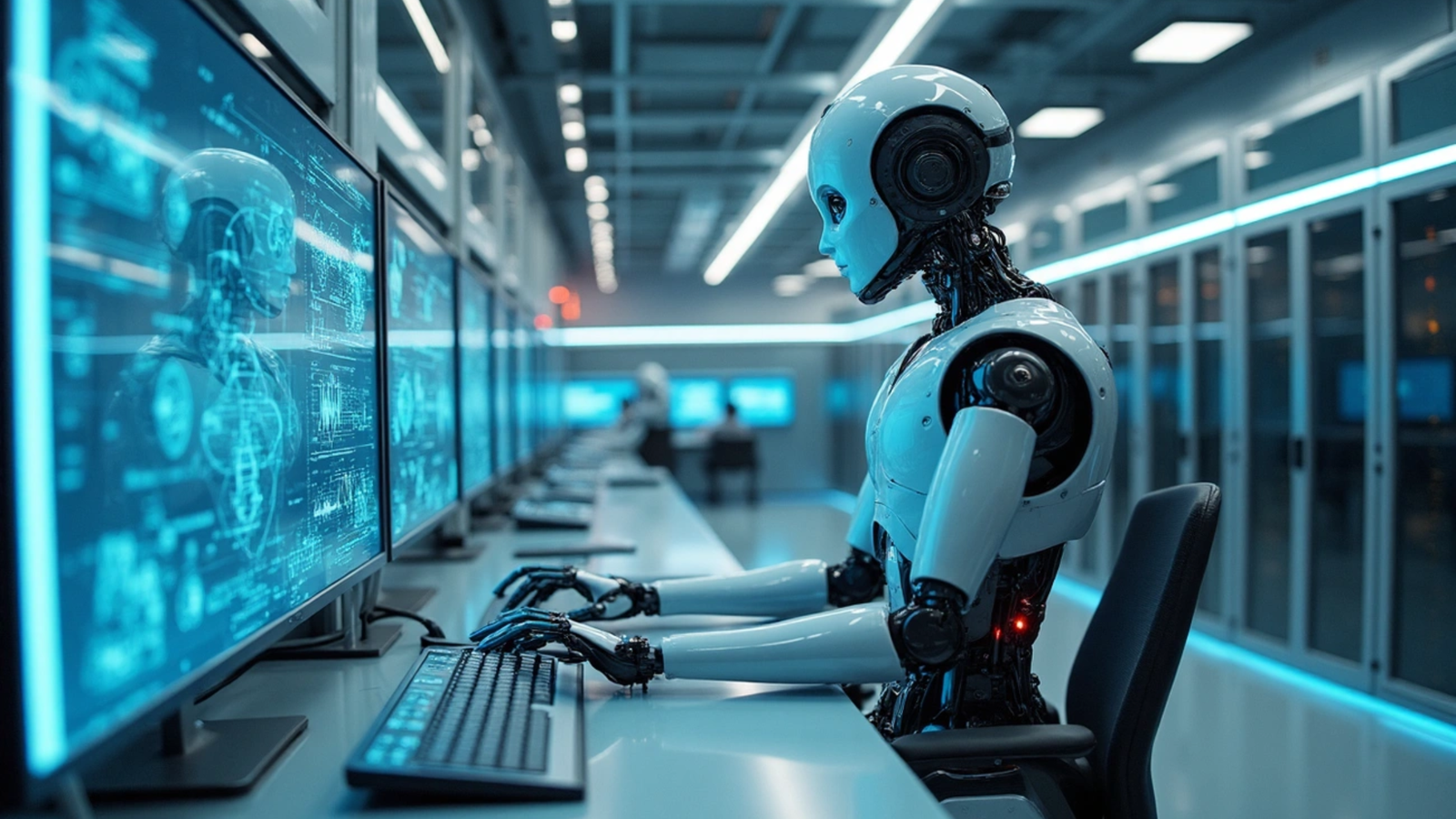 A humanoid robot operating a futuristic control panel surrounded by holographic data and glowing blue circuits, symbolizing advanced AI and intelligent systems integration.