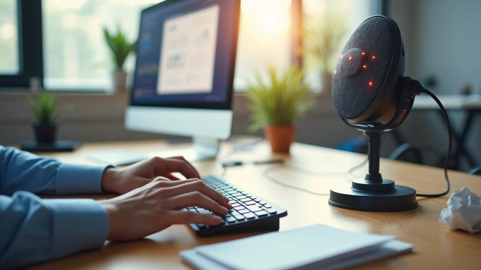 A close-up shot of a person's hands typing on a black keyboard at a wooden desk, with an AI smart speaker with red lights to the right, and a computer monitor showing data in the background. Natural light streams in from a window, illuminating parts of the desk.