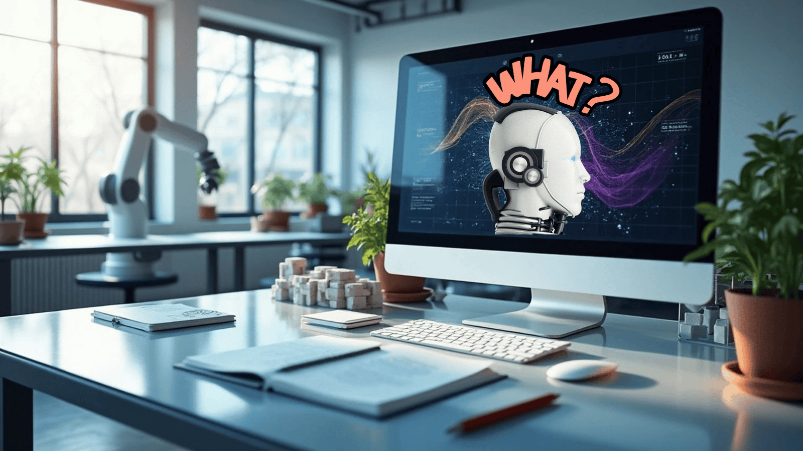 A modern desk setup featuring a white computer monitor displaying a futuristic robot head with "WHAT?" written above it in a thought bubble style. The screen also shows abstract glowing lines. On the desk, there's a keyboard, mouse, notebooks, and potted plants. In the background, a robotic arm is visible near a window.