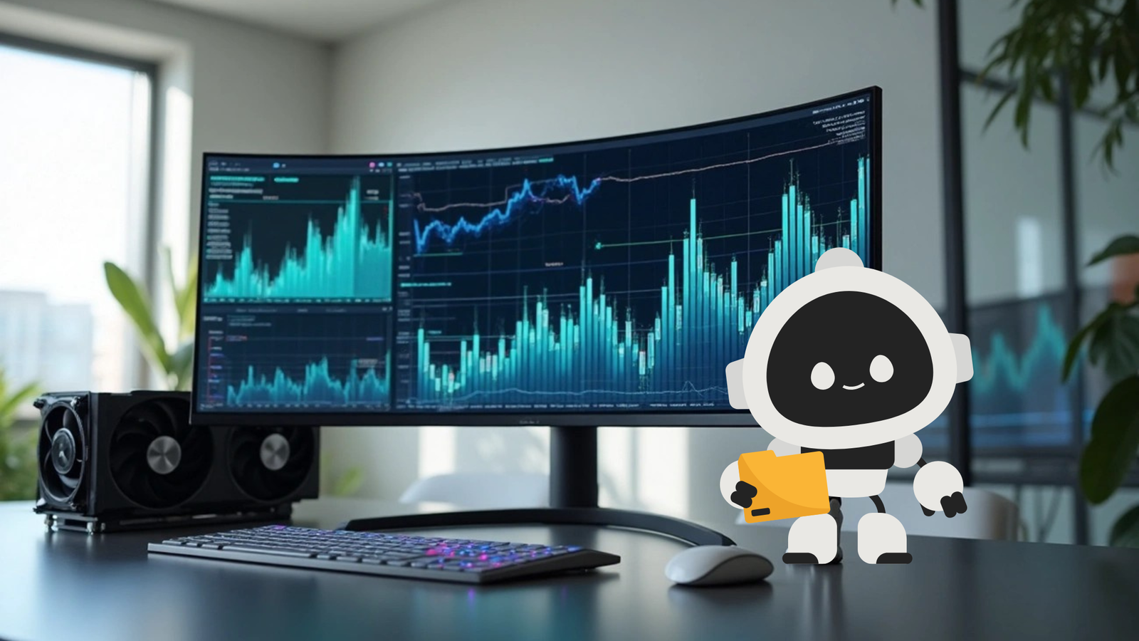 A cute, white robot holding a yellow envelope standing on a desk next to a large curved monitor displaying financial charts and graphs.