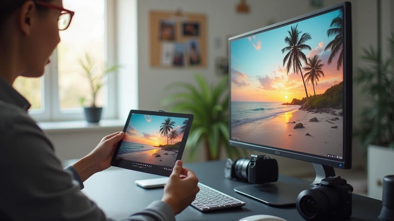 A person views a tropical beach sunset scene on a tablet, mirrored on a large desktop monitor, with cameras and a keyboard on the desk.