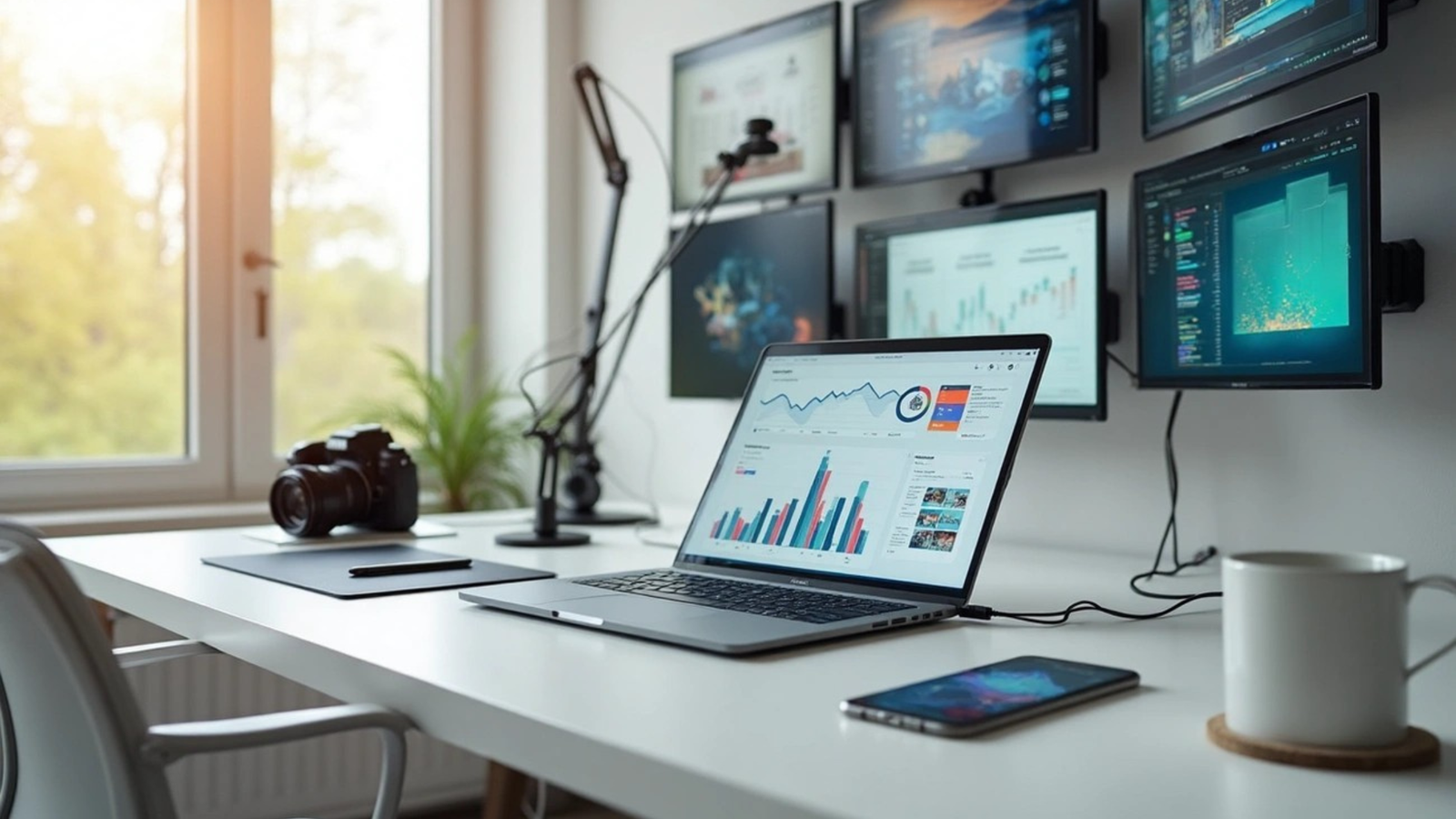 A modern home office setup featuring a silver laptop open to a stock analysis chart, a smartphone, a DSLR camera, and a white coffee mug on a clean white desk. In the background, there are six monitors mounted on the wall displaying various data and visual content. Sunlight streams in from a window on the left.