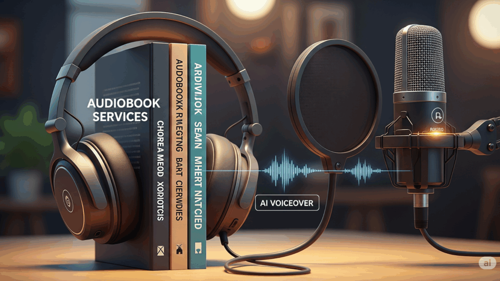 A studio microphone with a glowing light is positioned next to a pair of headphones. Three books are neatly placed inside the headset's arch, symbolizing audiobook services.