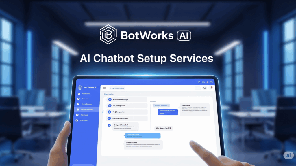 Hands hold a tablet displaying a user interface for an AI chatbot setup service in a futuristic office environment.