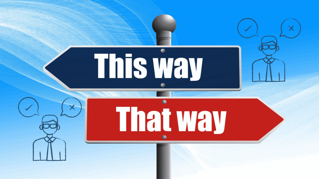 A signpost against a blue, abstract background points in two opposite directions. A blue arrow on the left reads "This way," while a red arrow on the right reads "That way." Cartoon figures of businesspeople stand near each arrow, with checkmarks and crosses in speech bubbles above their heads, suggesting decision-making or choices.