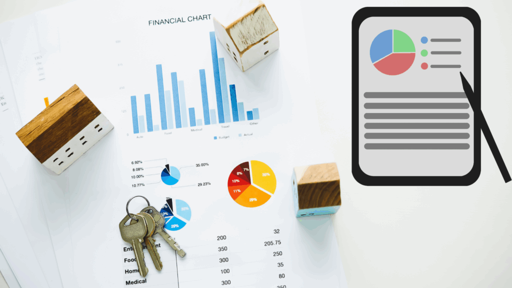 A financial document with bar and pie charts is on a desk, accompanied by a set of keys and several small wooden blocks shaped like houses. A large graphic of a checklist with a pie chart is overlaid on the right.