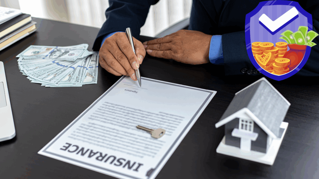 A person in a suit signs an insurance document on a desk, next to a house model, a key, and stacks of cash. A graphic shield with a checkmark and money inside hovers in the corner, symbolizing financial security.