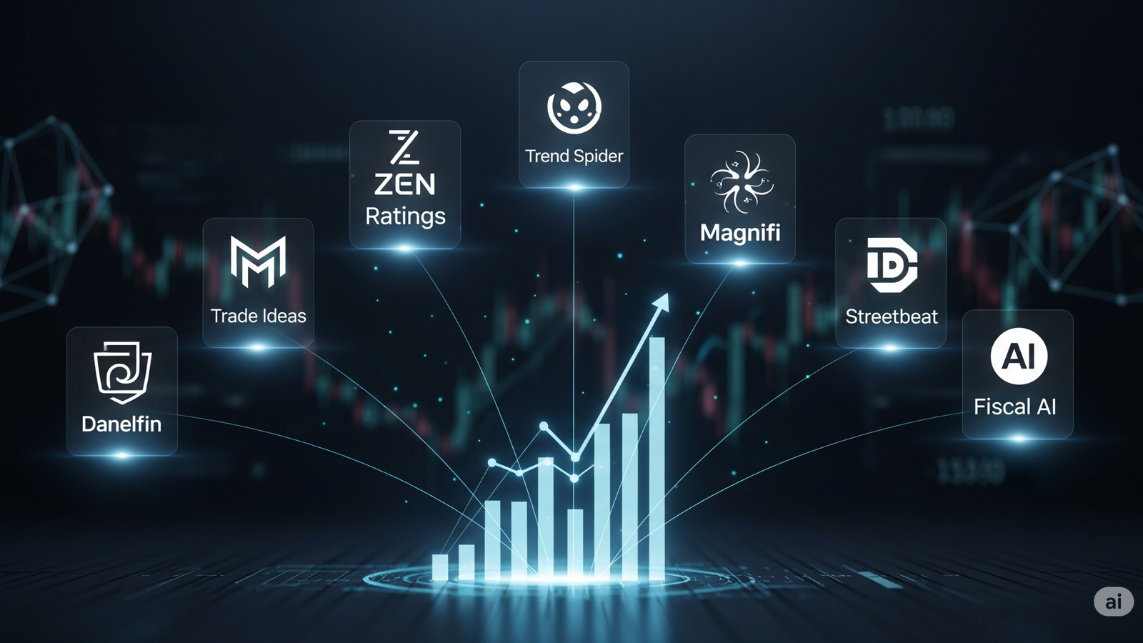 Seven glowing, holographic logos representing AI investing apps—Zen Ratings, Trend Spider, Trade Ideas, Magnifi, Streetbeat, Danelfin, and Fiscal AI—are arranged around a central, upward-trending financial bar chart.