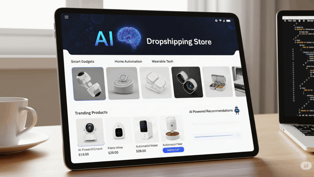 A tablet displaying a dropshipping store homepage with the title "AI Dropshipping Store" and product categories like "Smart Gadgets" and "Home Automation."