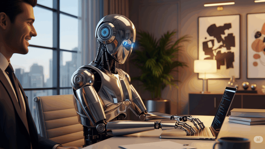 A man in a suit smiles as he watches a sleek, chrome-plated robot with glowing blue eyes type on a laptop in a modern, stylish office.