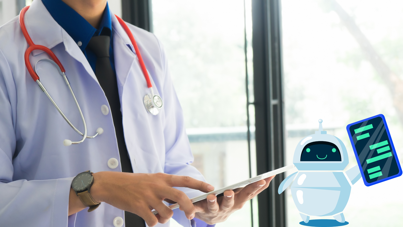 A doctor in a white lab coat with a stethoscope around his neck holds a tablet in his hands, interacting with a friendly cartoon robot holding a tablet displaying text.