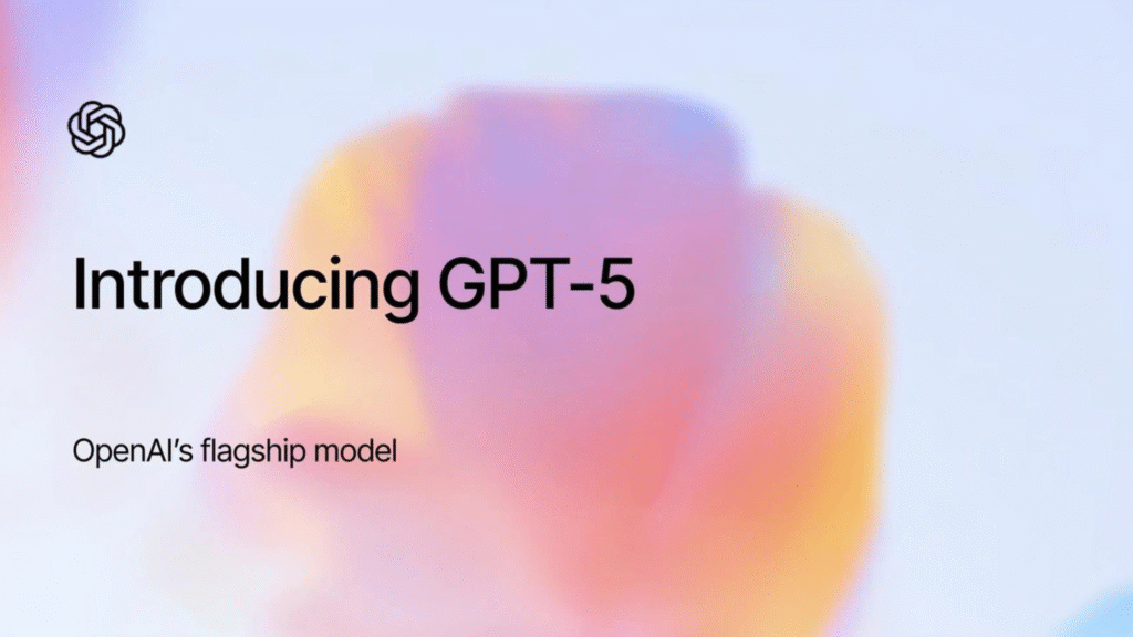 A slide for a presentation with the text "Introducing GPT-5" and "OpenAI's flagship model" against a blurred, colorful background.