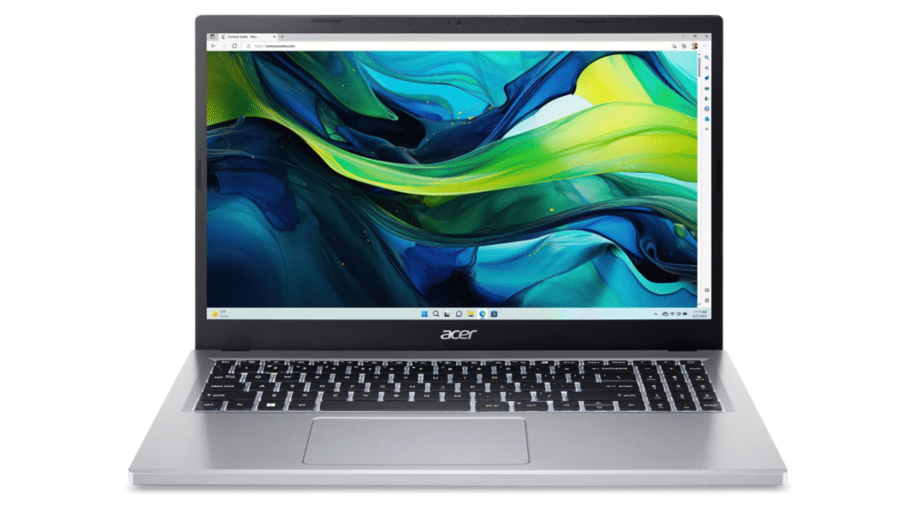 A silver Acer laptop with a large screen displaying a vibrant, abstract wallpaper of swirling blue, green, and yellow colors, with a web browser open.