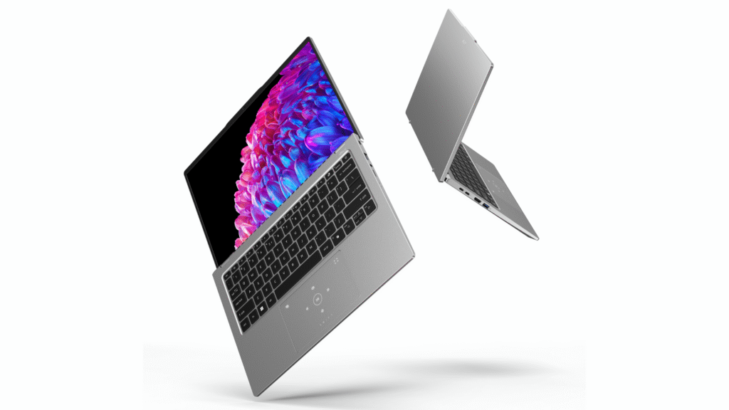 Text Two sleek, silver Acer Swift Go 14 laptops appear to be floating or dynamically posed against a white background; one is open with a vibrant abstract screen, and the other is partially closed.