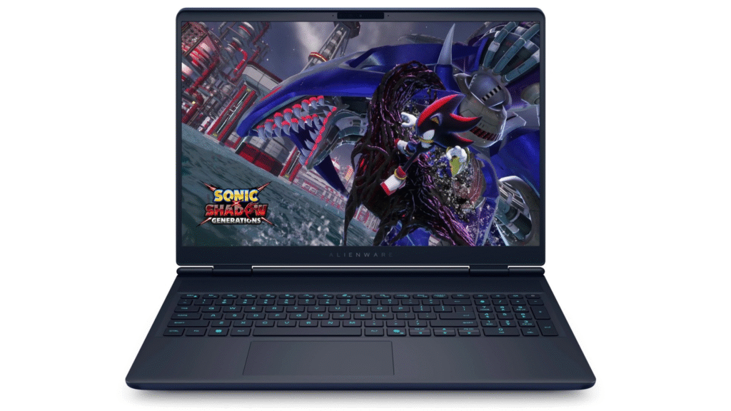 A dark blue Alienware gaming laptop with a large screen displaying an intense boss battle scene from the video game "Sonic X Shadow Generations," featuring the character Shadow.