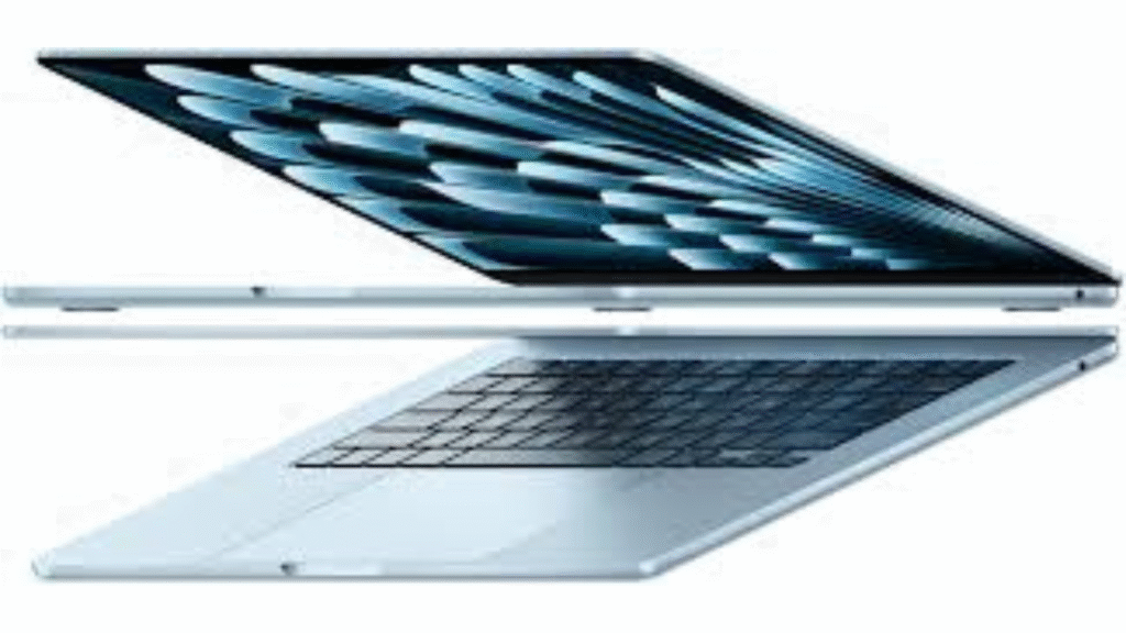A thin, light blue laptop, likely a MacBook Air, shown from the side with its screen open at an angle, displaying a geometric blue and white wallpaper.
