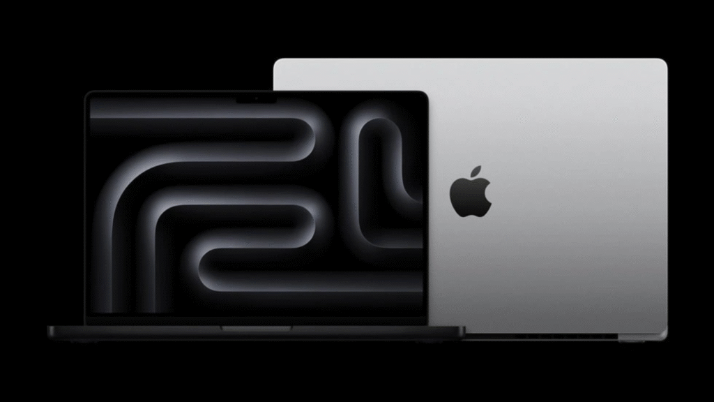 A silver MacBook Pro laptop shown from two perspectives: the open, black screen displaying a dark, abstract, swirling wallpaper, and the closed lid showing the silver finish and the Apple logo.