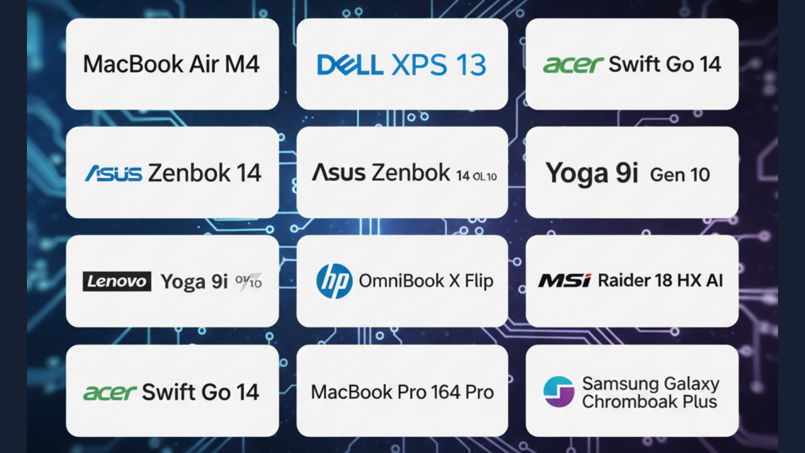 A banner image displaying the logos and model names of eleven different laptops, including MacBook Air M4, Dell XPS 13, Asus Zenbook 14, Lenovo Yoga 9i, HP OmniBook X Flip, MSI Raider 18 HX AI, and Samsung Galaxy Chromeboak Plus.