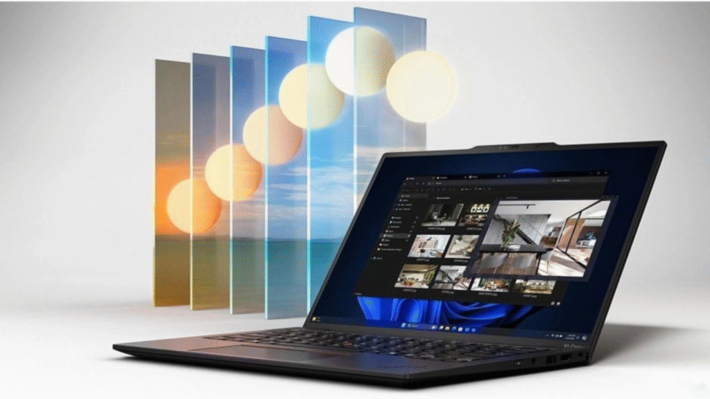 A black Lenovo ThinkPad-style laptop is angled to the right, displaying a photo editing application. Behind it, several vertical, transparent layers stack an image of a sunset, demonstrating color correction or multi-layer editing.