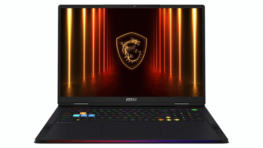A black MSI gaming laptop with a full-size keyboard and multi-colored RGB lighting, displaying the MSI dragon logo against a fiery orange and yellow background.