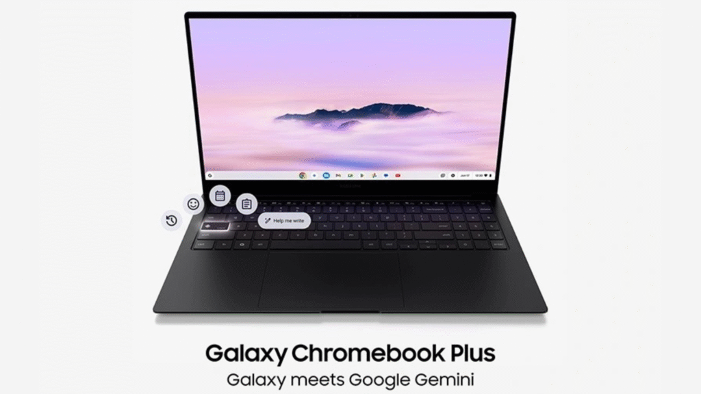 A black Samsung Galaxy Chromebook Plus laptop open on a white background, displaying a lavender and pink cloud-filled landscape wallpaper and showing an on-screen prompt for AI-assisted writing (Help me write). The text below reads, "Galaxy Chromebook Plus. Galaxy meets Google Gemini."