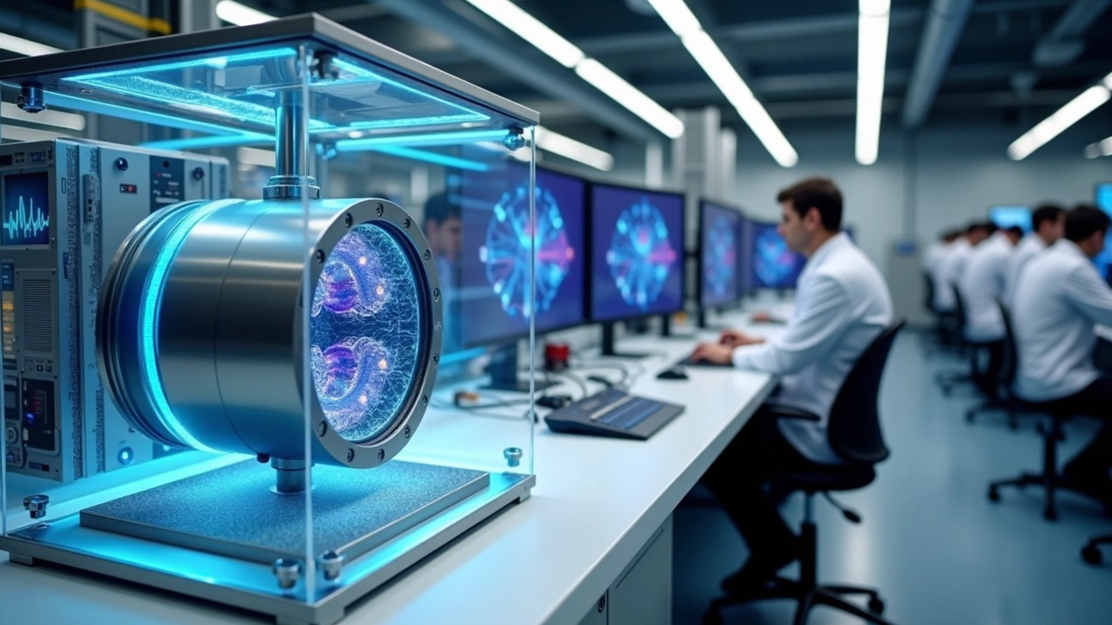 Scientists in a high-tech lab work at computers while a futuristic quantum device with glowing blue orbs sits in a glass case in the foreground.