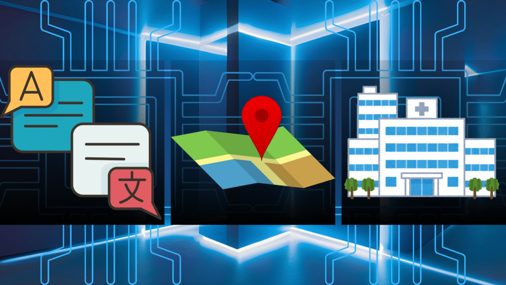 Three icons representing language translation, navigation, and healthcare diagnostics, set against a futuristic blue background with glowing circuit board lines.