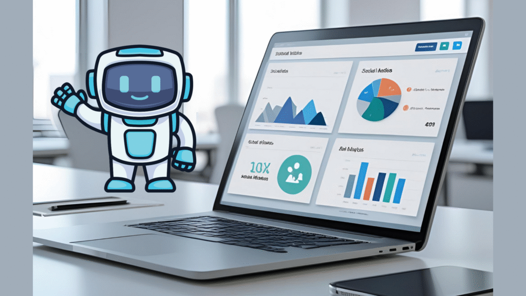 A friendly cartoon robot waves next to a laptop displaying a business analytics dashboard with charts and graphs in a modern office.