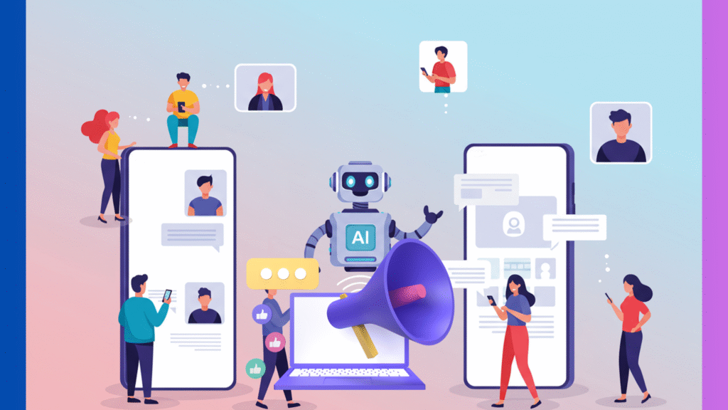 A vector illustration depicting an AI robot at the center of a network of people using smartphones and laptops for social media and communication.