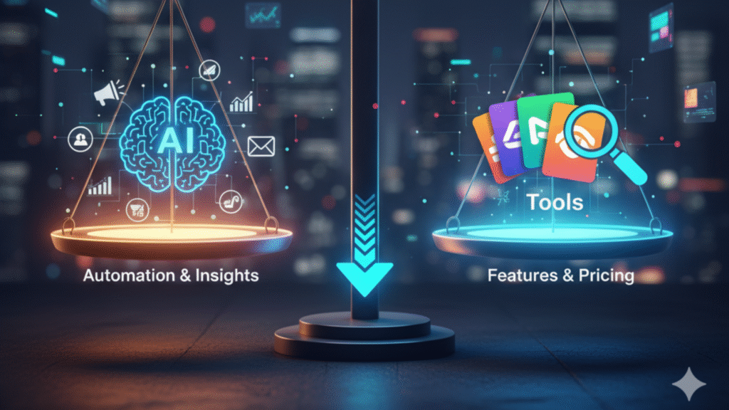 A digital illustration of a balancing scale comparing AI on one side with traditional tools on the other. The AI side is labeled "Automation & Insights," and the tools side is labeled "Features & Pricing," set against a futuristic city backdrop.