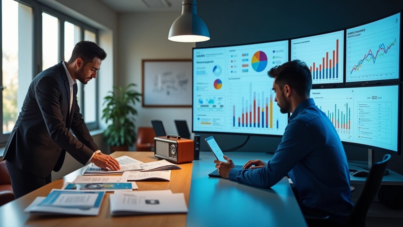 Two businessmen in a modern office analyzing data, with one reviewing papers while the other works on a tablet in front of a large, multi-screen display showing various charts and graphs.
