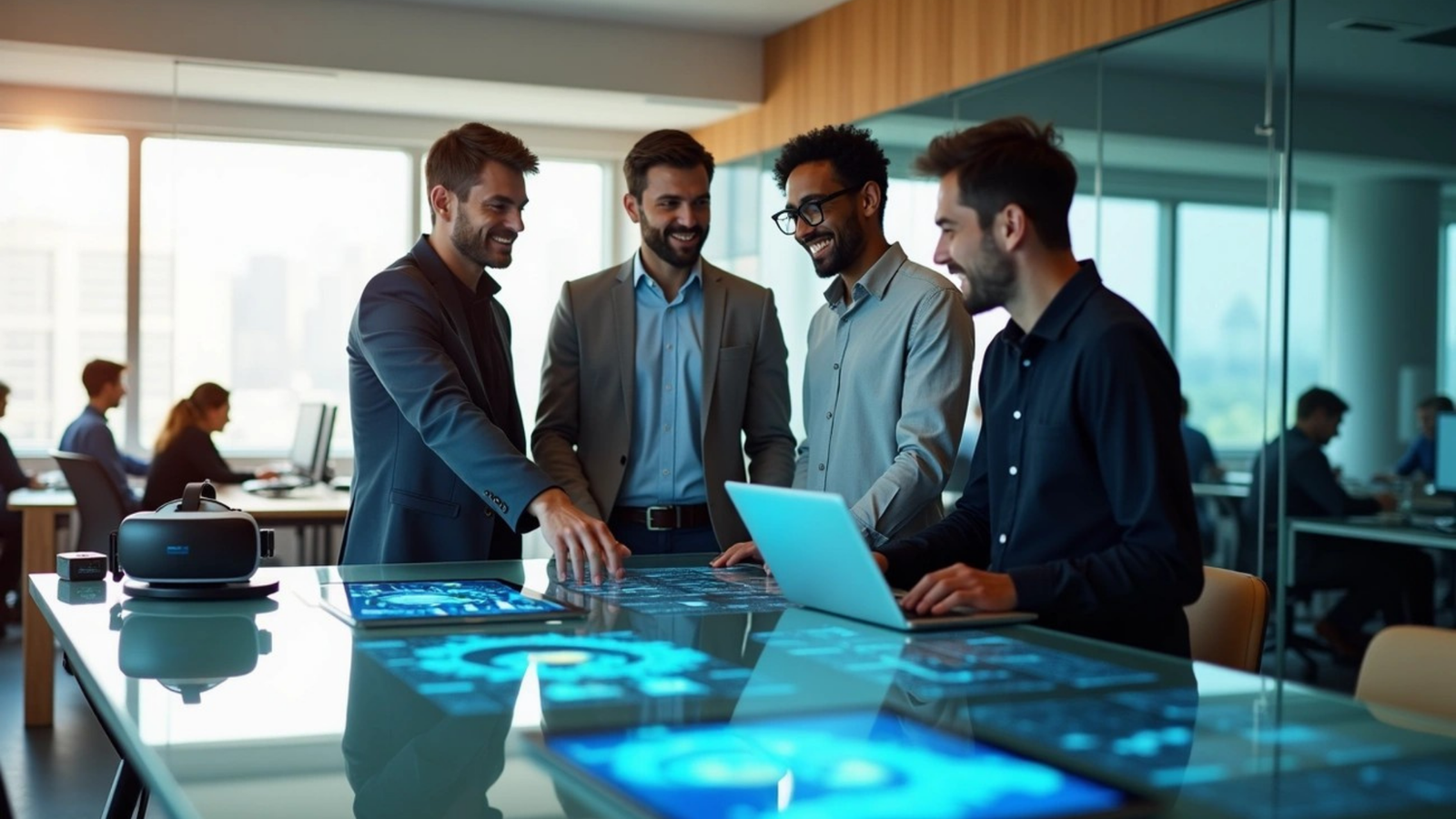 Group of business professionals collaborating around a digital touchscreen table displaying futuristic data in a modern office.