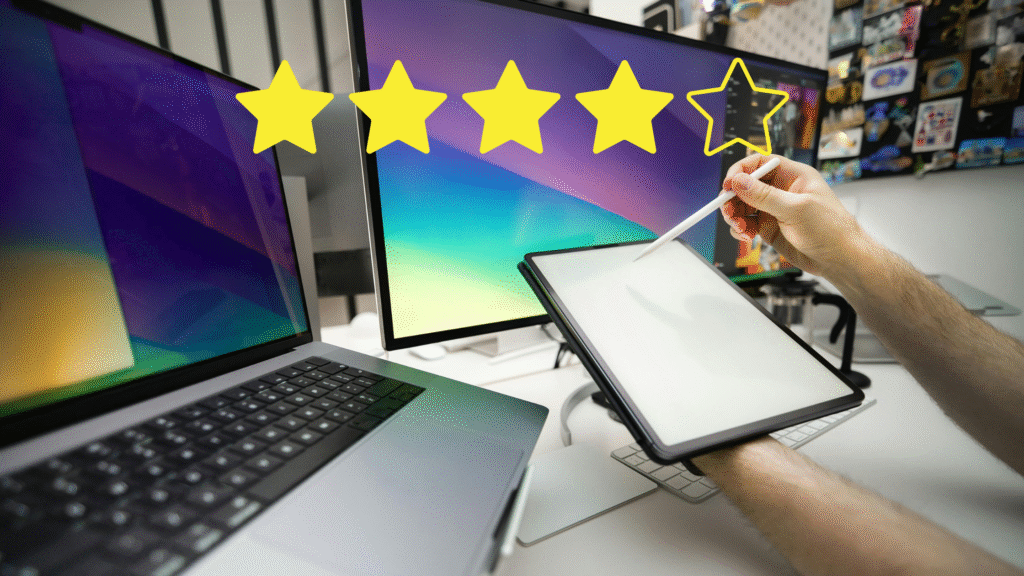 A hand using a stylus on a tablet to give a four-and-a-half-star rating that is digitally superimposed across a computer monitor and laptop screen.
