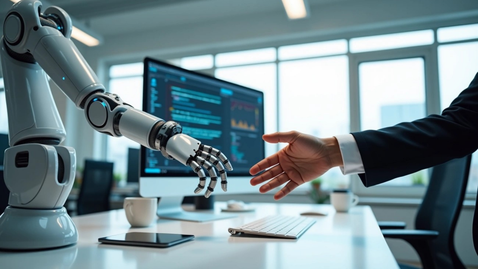 A sleek robotic arm and a human hand in a business suit reaching out to shake hands over a modern office desk with a computer showing code in the background.