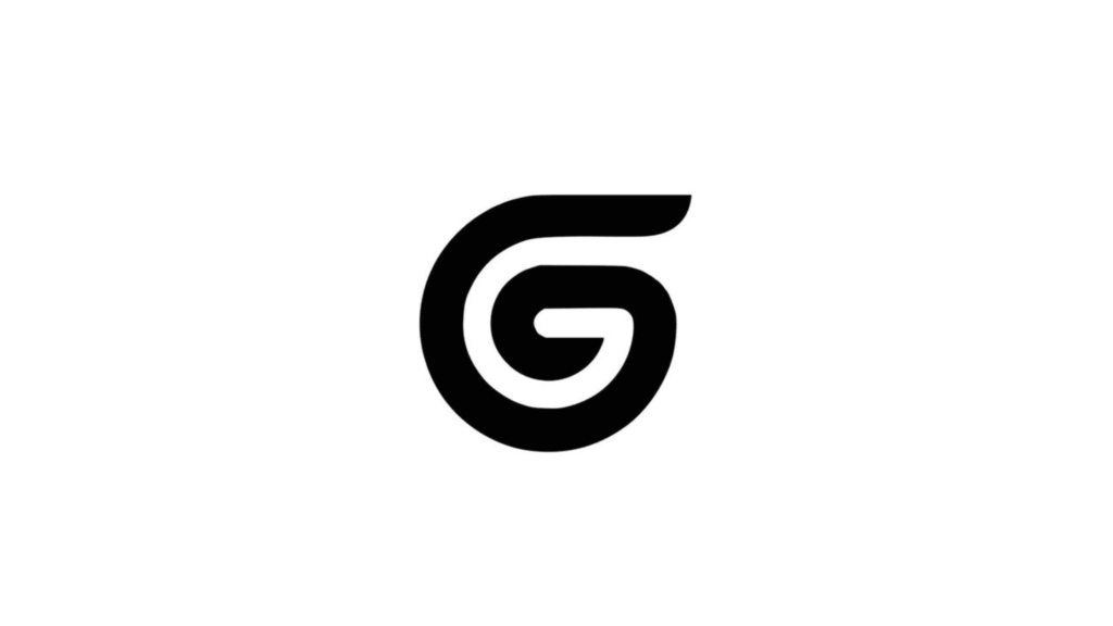 A minimalist black logo of the letter 'G' formed by a single, thick spiral line on a white background.