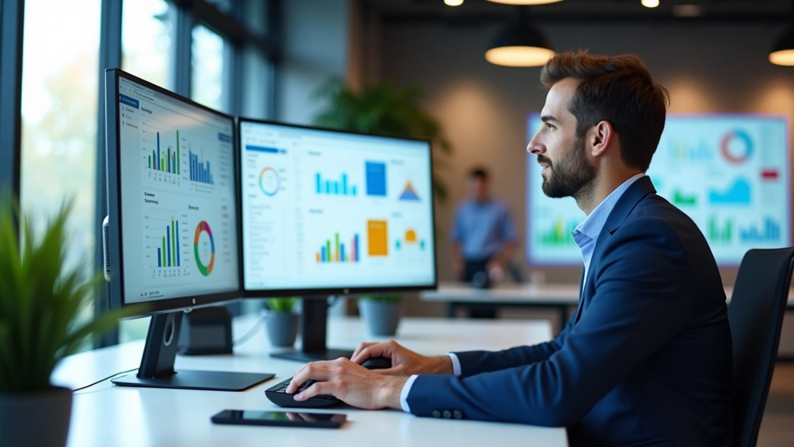 A professional man in a suit sitting at a desk in a modern office, analyzing data charts and graphs on a dual-monitor computer setup.