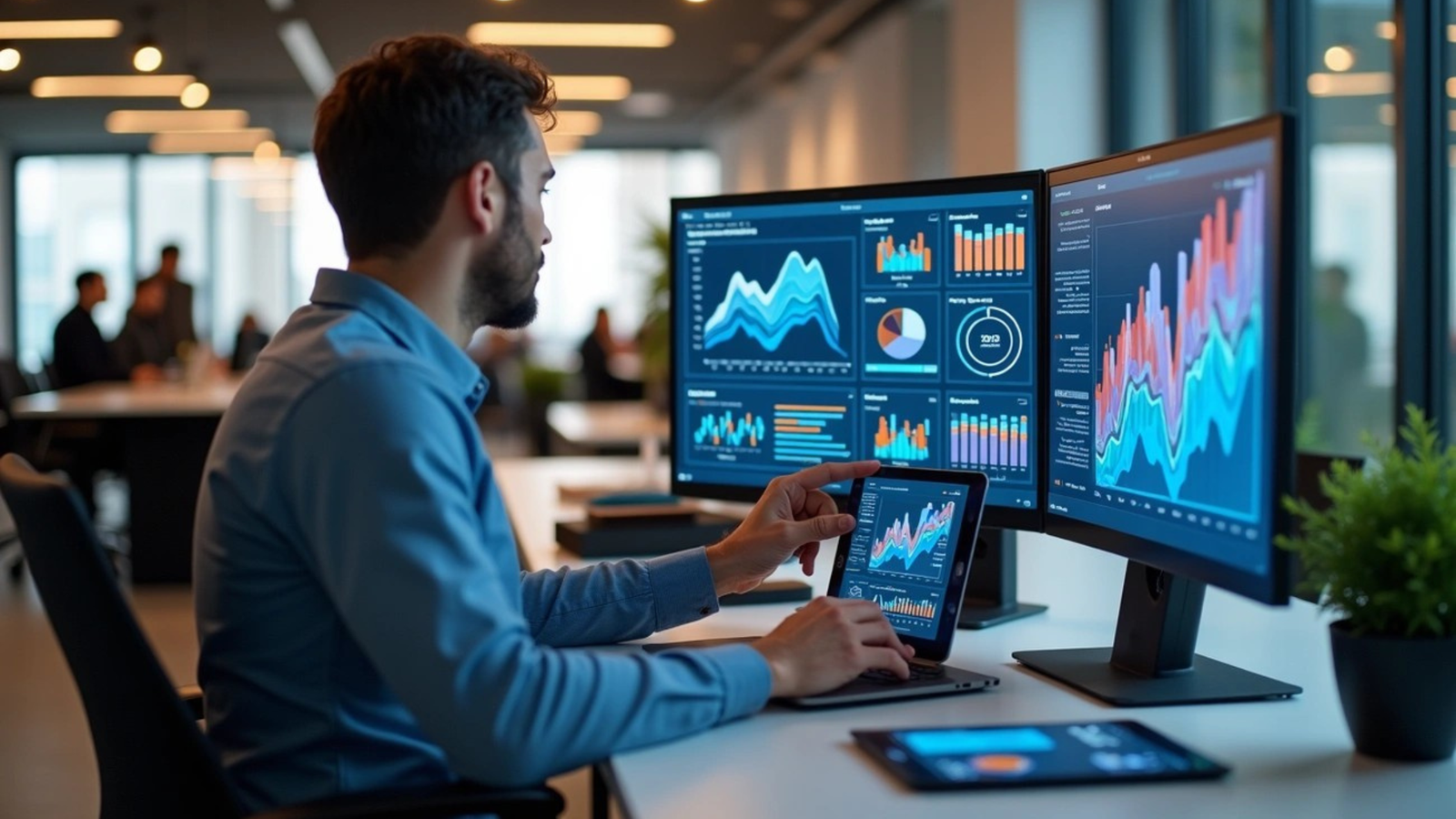 A data analyst in an office setting examines complex financial or business dashboards displayed across two large monitors and a tablet.