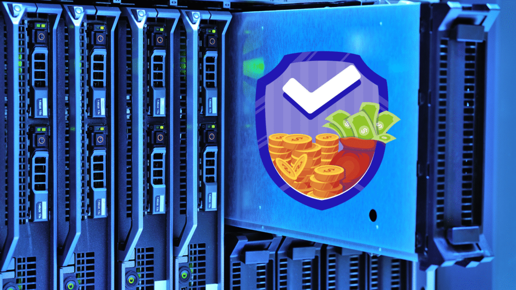 Server rack with a glowing blue digital shield overlay containing a checkmark, a stack of gold coins, and a bag of money.