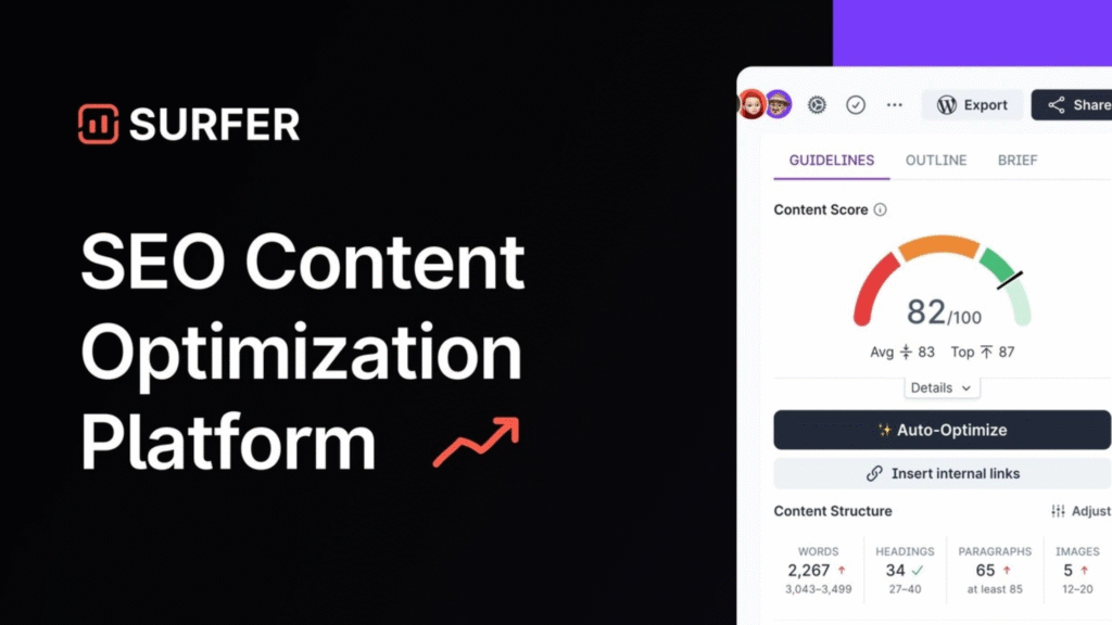 A promotional graphic for the Surfer SEO platform. The left side has the text "SEO Content Optimization Platform," and the right side shows the software's interface displaying a content score of 82 out of 100.