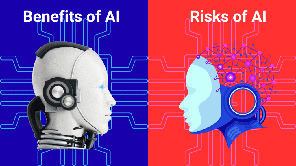 A split-screen graphic comparing the "Benefits of AI" with a realistic robot head on a blue background, against the "Risks of AI" with a stylized robot head and neural network on a red background.