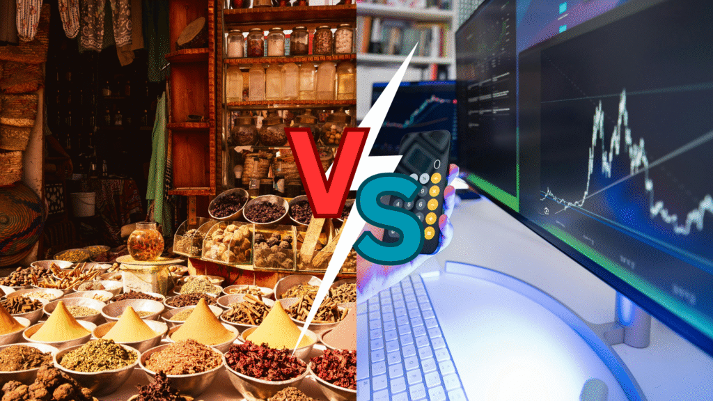 A split-screen "versus" image comparing a traditional spice market on the left to a modern financial trading desk with data charts on the right, with a large 'VS' graphic in the center.